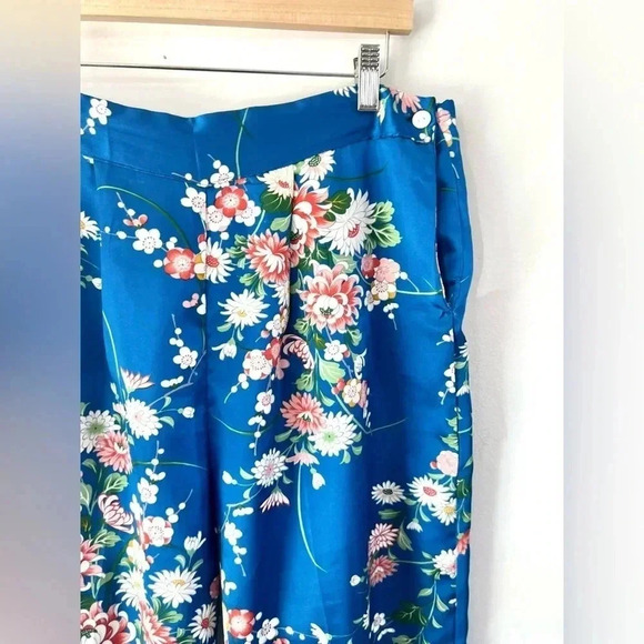 Vintage Blue Floral Satin Kimono Top & Wide Leg Pants Asian Boho 2 Piece Set - Picture 12 of 15